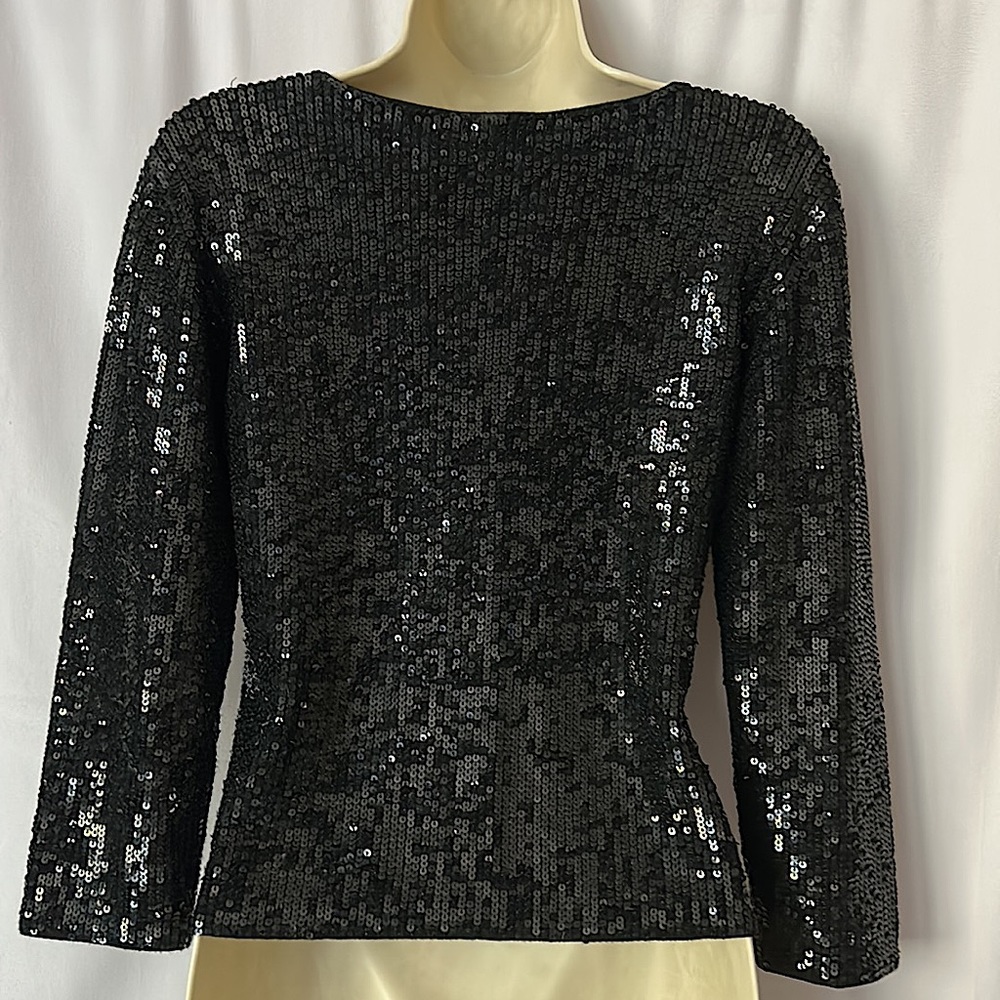 Oscar de la Renta Sexy Black Sequins Deep V-Neck Long Sleeve Shirt Top **Sz S** - Picture 2 of 4